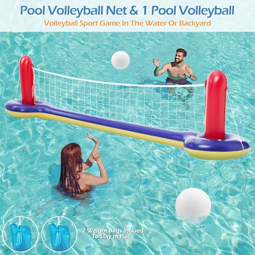 Jasonwell Pool Toys Games Set - 3 in 1 Pool Volleyball Net Basketball Hoop Ring Toss Game Inflatable Floats Water Floating Volleyball Swimming Pools Games Party Gift for Kids Adults (Red&Blue, L) - color: Red&blue, size: Large