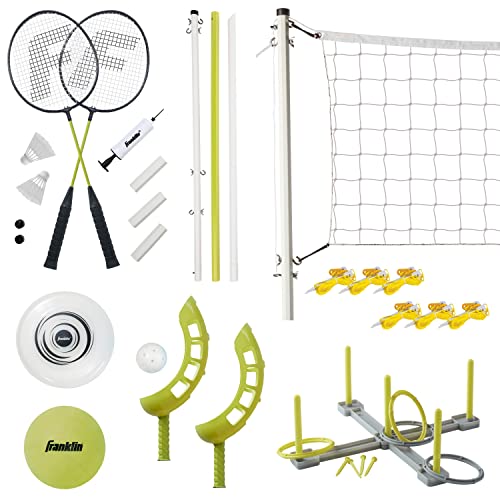 Franklin Sports Fun 5 Combo Outdoor Game Set - Backyard, Beach + Camping Games for Kids - Badminton, Volleyball, Flip Toss, Flying Disc - Horseshoes or Ring Toss - style: Yellow Combo Set