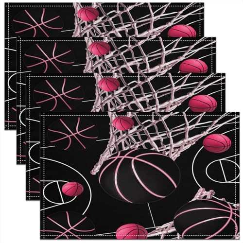 Castle Fairy Basketball Kids Placemats Set of 4,Basketball and Hoop Table Place Mats,Ball Sport Games Theme Kitchen Decor,Black Pink Placemat Kitchen Table Decoration 12"x18" - color: Black Pink