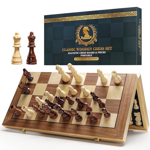 Vahome Magnetic Chess Set for Adults & Kids, 15" Wooden Folding Chess Boards, Handcrafted Portable Travel Chess Game with Pieces Storage Slots, 2 Extra Queens - size: 15 inches