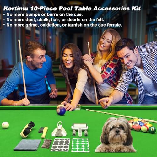 Billiard Pool Table Brushe Kit: 10 Piece Set with 2 Pool Table Brushes,2 Ferrule Polish Cloths,2 Cue Polish and Cleaning Cloths,Lint Roller,Dustpan and Broom,15 Marker Dots,15 Felt Repair Patches