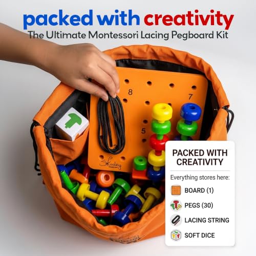 Skoolzy Peg Board Set - Montessori Toys for 2 Year Old - 33 Pc Peg Board for Kids - Occupational Therapy Toys with Pegs, Dice, Lacing String & Storage Bag - Montessori Toys for 2+ Year Old - style: Pegboard Set - 33pcs