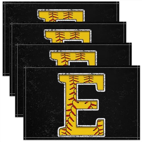 Erosebridal Baseball Placemats 12x18 inch Set of 4 Initial Monogrammed Place Mats for Dining Table | Softball Sports Game Table Place Mats Yellow Letter E Scratch Proof Placemats - color: Yellow E