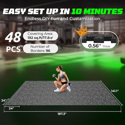 PRAISUN 0.56" Rubber Top Gym Flooring, Heavy Duty Interlocking Gym Mats for Home Gym, Non-Slip Workout Mat, 24 x 24in Large Gym Floor Mat, Protect Floors from Equipment, 192 Sq Ft, Black/Grey - size: 48 Tiles (192 Sq Ft)