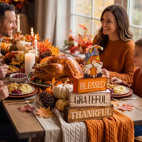 Lineshading 4 Pcs Wooden Farmhouse Tabletop Decor Rustic Home Tiered Tray Decor Decorative Farmhouse Table Decoration Home Block Signs Gift(Blessed Gnome) - style: Blessed Gnome