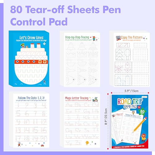 Pen Control & Tracing Activity Pad, 80 Tear-off Sheets Alphabet & Number Handwriting Practice Notepad for Kids, Letters A-Z/Numbers1-20/Patterns Tracing Workbook for Plane, Car Travel, Road Trip - style: Pen Control Activity Pad
