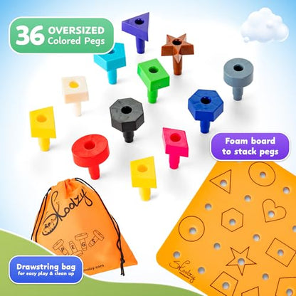 Skoolzy Peg Board Set - Montessori Toys for 2 Year Old - 38 Pc Plastic Peg Board for Kids with Shapes - Occupational Therapy Toys with Pegs, Dice, Lacing String & Storage Bag - style: Shapes Pegboard - 38pcs