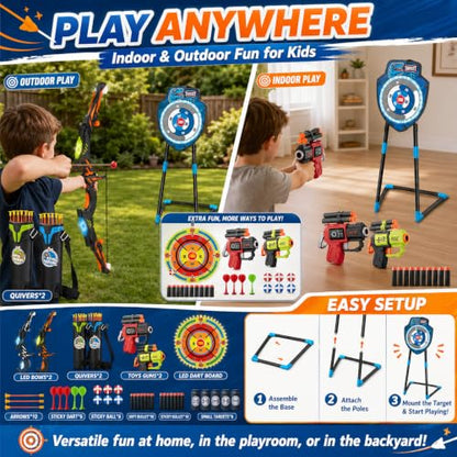 VROGTIK 2 Pack Kids LED Bow and Arrow Set with Standing Target & LED Dart Board, 20 Suction Cup Arrows, 2 Quivers, Foam Dart Toys, Indoor Outdoor Archery Toy Gift for Boys Girls Ages 3-12 - color: Blue/Green/Yellow