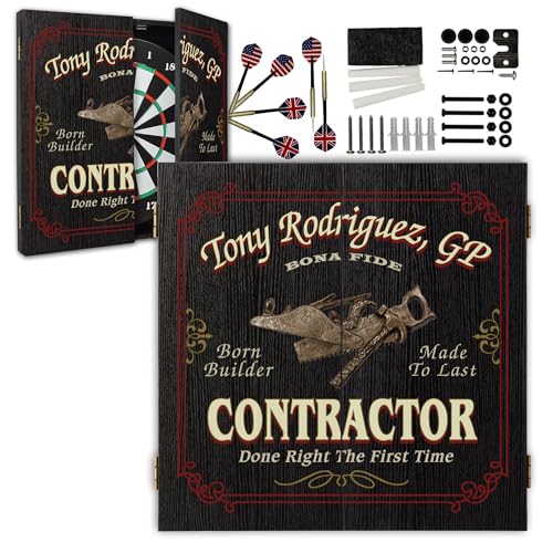 Personalized Dart Board Cabinet Set with 6 Steel Tip Darts, Paper Fibre Dartboard, Chalk & Eraser (21.5 x 21.5 x 2.75") - Occupational Man Cave Dart Boards for Adults - Contractor (407) - style: Contractor Dartboard & Cabinet Set