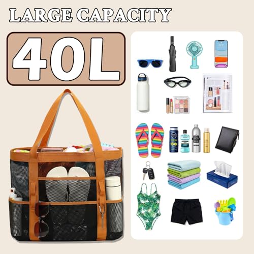GYEUKHAM Mesh Beach Bag for Women, Sand-Resistant Pool Tote, 9 Pockets (1 Inner Zip), Foldable Family Travel Essentials - color: L-black2#