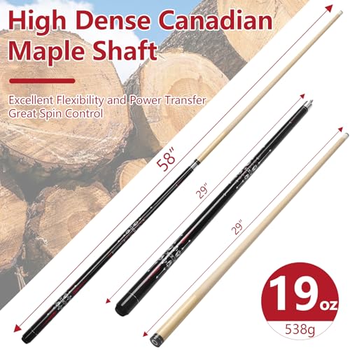 Pool Cue, 58" Billiard Cue Stick 2-Piece Maple Wood Pool Cue Stick 18 19 20 21oz for Bar House Pool Table Sports - color: Red 19oz