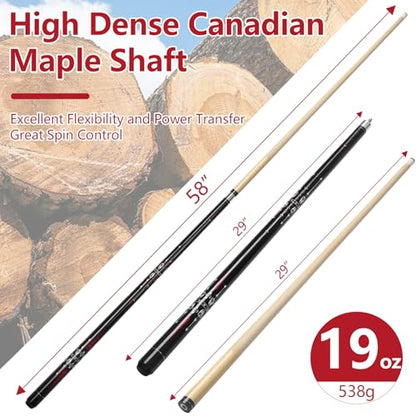 Pool Cue, 58" Billiard Cue Stick 2-Piece Maple Wood Pool Cue Stick 18 19 20 21oz for Bar House Pool Table Sports - color: Red 19oz