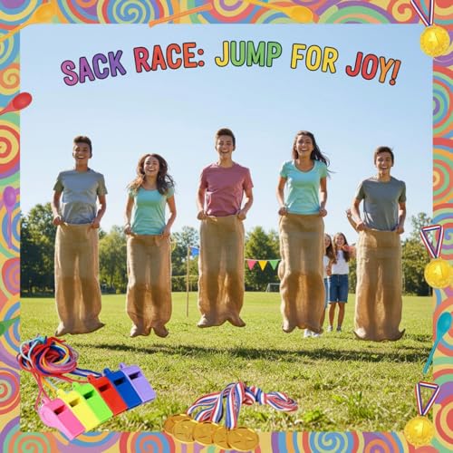 Chivao 40 Pcs Outdoor Carnival Games Combo Set Potato Sack Race Bags Egg Spoon Relay Race Three-Legged Races with Straps Whistles Medals for Family School Birthday Party Field Day Outside Game