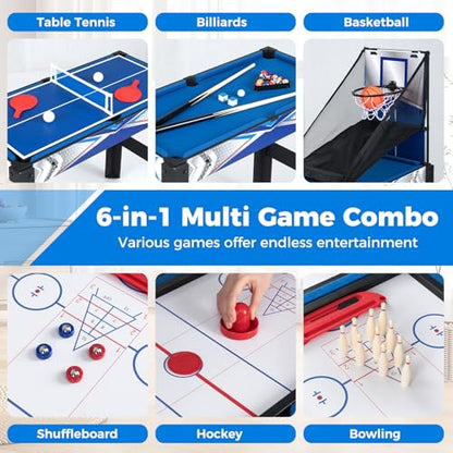 GYMAX Multi Game Table, 6 in 1 Combo Game Table with Basketball, Air Hockey, Pool Table, Ping Pong, Shuffleboard and Bowling, Game Tables for Game Room, Home, Family