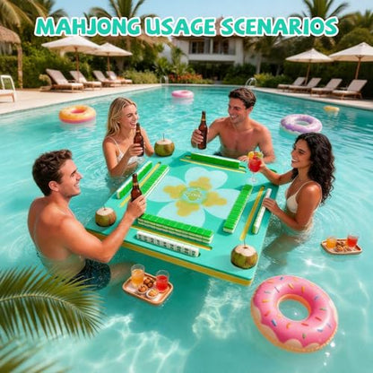 Floating Mahjong Table for Pool, Double-Sided Water Game Tray with Mahjong & Poker Card Playing Surfaces for Poker, Card, Dominoes, Board Games and Summer Pool Party Supplies