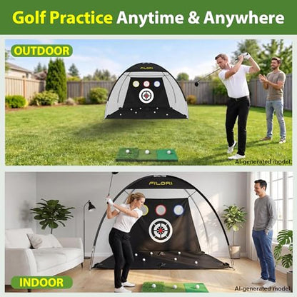 FILORI Heavy Duty Golf Practice Net 10x7FT with Tri-Turf Mat, All-in-One Golf Training Aid for Backyard Driving Chipping Swing, Indoor Outdoor Use, Blue