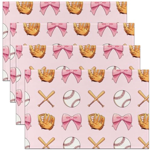 Bow Baseball Placemats Set of 4,Baseball Bat Gloves Table Mats,Girl Sports Games Placemat for Kitchen Dining Table Kawaii Pink Dining Table Decor,18"x12" - color: Baseball Pink