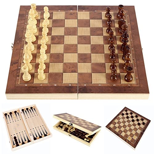 Folding Storage Wooden Chess Board Sets - 3 in 1 Chess Board Game for Adults and Kids (Backgammon, Checkers), Exquisite Wooden Chess Set - size: 13.4x13.4 inches