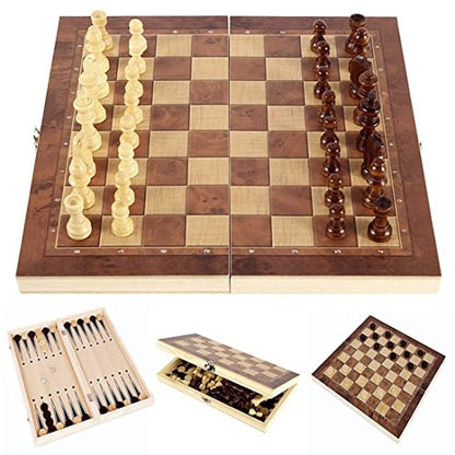 Chess Set, Folding Storage Wooden Chess Board Sets, 17" Wooden Chess, 3 in 1 Chess Board Game for Adults and Kids (Chess, Backgammon, Checkers) - size: 17x17 inches