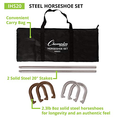 Champion Sports Horseshoe Set: Traditional Outdoor Lawn Game includes Four Professional Solid Steel Horseshoes with Solid Steel Stakes & Carrying Storage Case - style: Classic Set