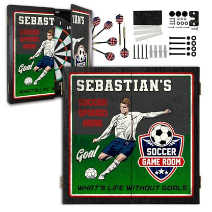 Personalized Dart Board Cabinet Set with 6 Steel Tip Darts, Paper Dartboard, Chalk & Eraser (21.5 x 21.5 x 2.75) - Man Cave Dart Boards for Adults - style: Soccer