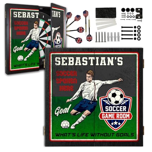 Personalized Dart Board Cabinet Set with 6 Steel Tip Darts, Paper Dartboard, Chalk & Eraser (21.5 x 21.5 x 2.75) - Man Cave Dart Boards for Adults - style: Soccer