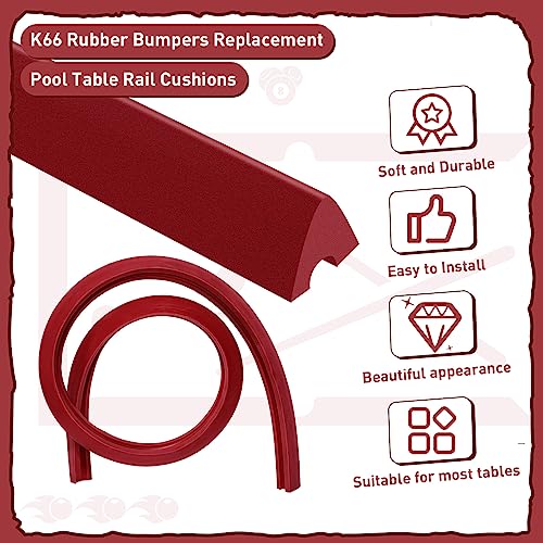 Syhood Set of 6 K66 Rubber Bumpers Pool Table Bumpers Replacement Pool Table Rail Cushions 8 Foot Billiard Rail Rubber Cushions for Pool Table Accessories - color: Red