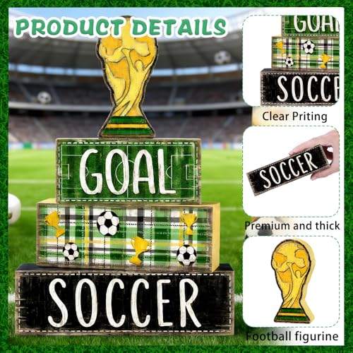 DIYDEC 4Pcs Soccer Tabletop Decorations Wooden Trophy Block Signs Gift Rustic Football Tiered Tray Decor Soccer Centerpiece World Cup Table Sign for Home Office Tabletop Fireplace Party Decor - style: Soccer Trophy
