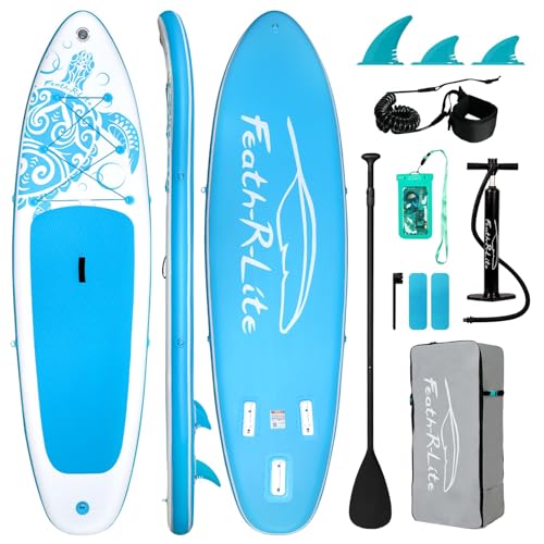 FEATH-R-LITE Inflatable Paddle Board Stand Up Paddleboards for Adults SUP with Premium Accessories Pump, Adjustable Paddle, Leash, Three Fins, Backpack - style: Light Blue