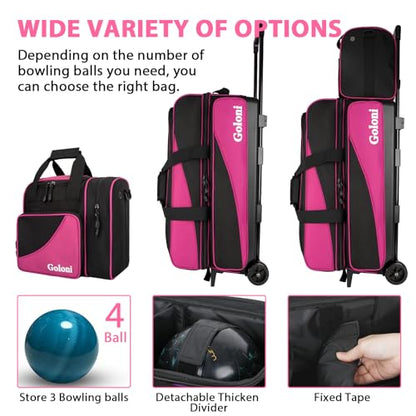 Goloni 3 Ball Bowling Bag with Wheels, Rolling Bowling Roller Bag with Retractable Handle for Balls & Bowling Accessories - color: 4 Ball-Pink