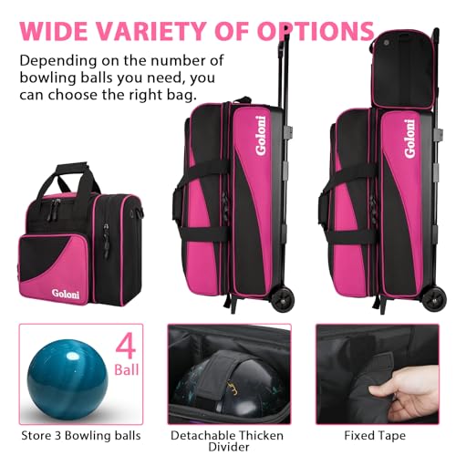 Goloni 3 Ball Bowling Bag with Wheels, Rolling Bowling Roller Bag with Retractable Handle for Balls & Bowling Accessories - color: 4 Ball-Pink