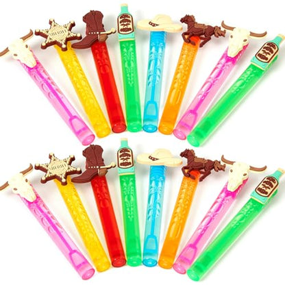 Winrayk Western Cowboy Party Favors, 24Pcs Self-designed Mini Bubble Wands for Kids Bubbles Bulk & Detachable Topper (6 Styles & Colors), Birthday Gift Pinata Filler Goodie Bag Stuffer Classroom Prize - style: Cowboy