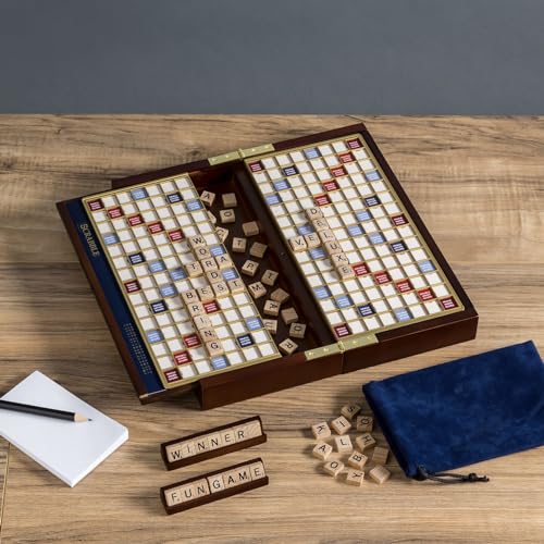 Scrabble Deluxe Travel Edition by WS Game Company | Compact Travel Game Set | Wooden Case with Hidden Storage, Raised Letter Tile Grid, and Magnetic Closure | Scrabble Board Game for 2-4 Players