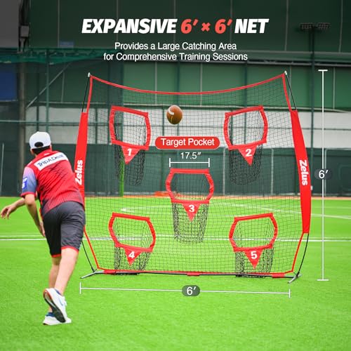 ZELUS Football Throwing Net, Quarterback Training Equipment with 5 Target Pockets, Football Practice Throwing Passing Accuracy Trainer with Carry Bag Ground Stakes for Kids Adults - color: Red, size: 6×6