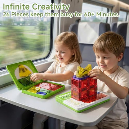 Travel Magnetic Tiles for Kids Car Games: 26 PCS Mini Magnet Building Blocks in Tin Box to Stop Crying - 0.64 lb Pocket Size Educational Toy - Road Trip Essentials - Boys Girls Age 3-8 - style: Green 26PCS