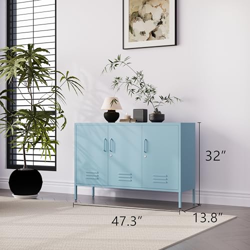 32" Wide 3-Door Lockable Metal Storage Cabinet with Accent Cabinet Locker, Heavy Duty Home Tool Cabinet, 2 Removable Shelves & Easy Assembly, for Home, Office, Entryway and Hallway Blue - color: Ocean, style: Cabinet-32"H-WL
