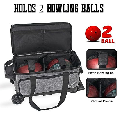 WOLT Double Roller 2 Ball Bowling Bag with Separate Shoe Compartment, Large Capacity Bowling Ball Bag with Accessory Pocket, Retractable Handle Extends to 40" - color: Grey