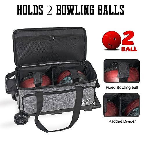 WOLT Double Roller 2 Ball Bowling Bag with Separate Shoe Compartment, Large Capacity Bowling Ball Bag with Accessory Pocket, Retractable Handle Extends to 40" - color: Grey