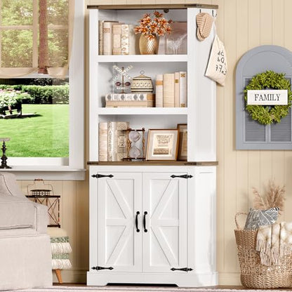TEENFON 70.9in Tall Storage Cabinet with Adjustable Shelves, Kitchen Pantry Cabinet with 2 Barn Doors, 5 Tiers Farmhouse Bookcase for Living Room, Kitchen, Home Office, Bedroom, White - color: White-01