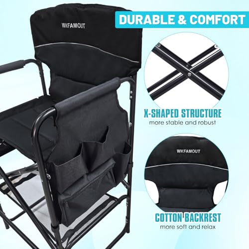 Tall Folding Director Chair 30.7" Seat Height Foldable Bar Stool for Makeup Artist Face Painting with Side Table Carry Bag and Cosmetic Bag Supports 350LBS - color: Black-padded