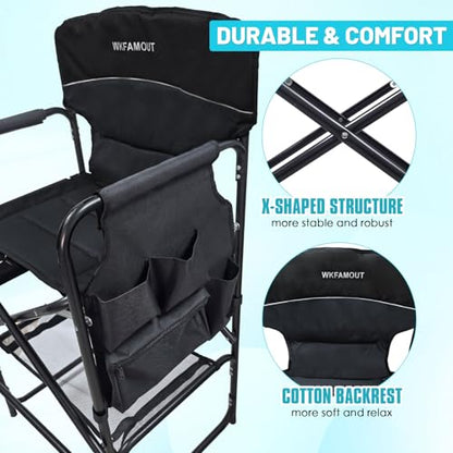 Tall Folding Director Chair 30.7" Seat Height Foldable Bar Stool for Makeup Artist Face Painting with Side Table Carry Bag and Cosmetic Bag Supports 350LBS - color: Black-padded