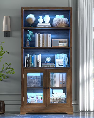 TVU 5-Tier Bookshelf, 65" Bookshelf with Multi-Color Ambient Lights (APP Remote Control), Tall Display Shelf with Cabinet Doors, Suitable for Living Room, Bedroom, Study, Office, Rustic Brown - color: Rustic Brown