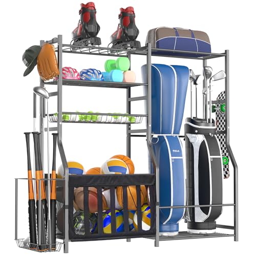 Heavy Duty Garage Sports Equipment Organizer, All-in-One Golf Bag Storage Rack & Multi-Sport Ball Holder for Basketballs, Bats & Kids Toys, Indoor/Outdoor Free Standing Gear Bin