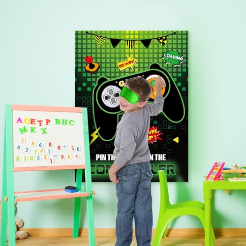 WERNNSAI Pin The Button on The Game - Gamer Party Decorations Birthday Games for Kids Party 21" x 28" Game Poster with 24 Sticker for Boys Gaming Night Birthday Wall Home Room Decorations - style: Video Game A