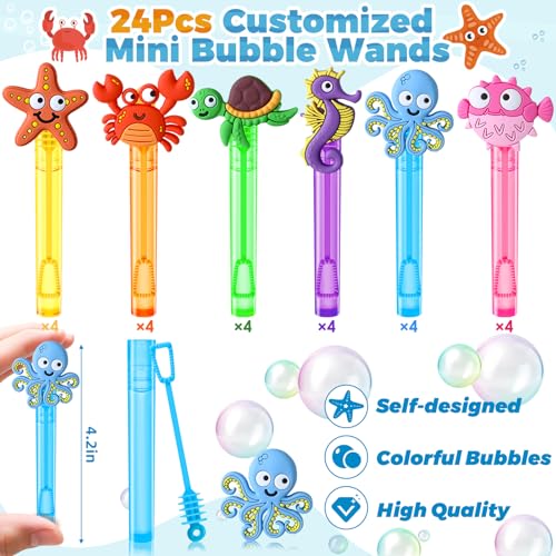 Winrayk Under the Sea Party Favors, 24Pcs Self-designed Mini Bubble Wands for Kids Ocean Animals Bubbles Bulk & Detachable Topper (6 Styles), Birthday Gift Pinata Goodie Bag Stuffer Classroom Prizes - style: Ocean Animal
