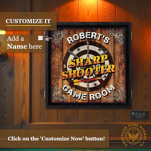 Personalized Dart Board Cabinet Set with 6 Steel Tip Darts, Paper Dartboard, Chalk & Eraser (21.5 x 21.5 x 2.75) - Man Cave Dart Boards for Adults - style: Sharpshooter
