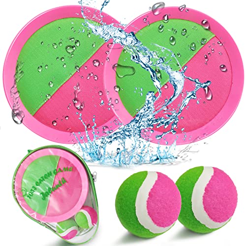 Jalunth Ball Catch Set Game Toss Paddle - Beach Toys Back Yard Pool Outdoor Lawn Games Backyard Camping Sticky Mitts Age 3 4 5 6 7 8 9 10 11 12 Years Old Boys Girls Kids Adults Family Easter Gifts - color: Pink