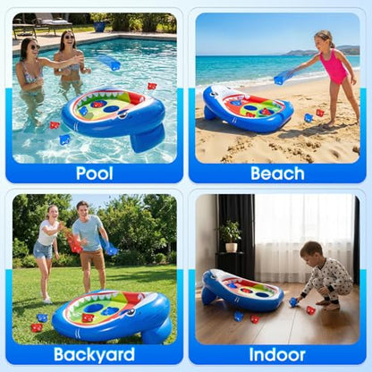 AURASUN Kids Fun Pool Toys, Inflatable Shark Pool Cornhole Game Floating, Water Game Outdoor Swimming Pool Games for Kids Adults, Cool Summer Party Gift 3 4 5 6 7 8 9 10 12 Year Boy Girl Teen Family - style: Shark Cornhole Board