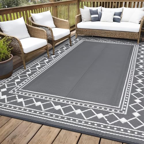 GarveeHome 10x20 Large Outdoor Patio Rug Modern Bordered Plastic Straw Outdoor Rugs Waterproof Foldable UV Resistant Camping Reversible Mats for Deck, Picnic, Porch, Camper, Balcony, Beach, Rv, Grey - color: Charcoal Gray & White, size: 10' x 20' (Rectang