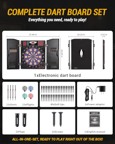 WIN.MAX Electronic Dart Board, Soft Tip Dartboard Cabinet Set for Adults, LED Scoring Dartboard with 38 Games & 211 Variants, Up to 16 Players, 12 Darts+40 Tips, Wall Mount for Bar Game Room Man Cave - style: Silver